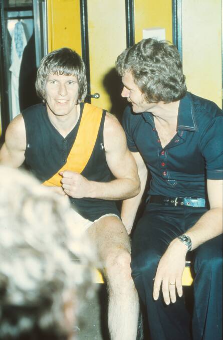 Former St Patrick's College footballer Barry Richardson, talking with Tiger great Royce Hart, played in three Richmond VFL premierships (1967,1969 and 1974). He also coached the Tiges and was club president. Picture by Getty Images