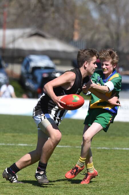 BFL under-14 reserves: Matthew Arnold (Darley) and Noah Steenhuis (Lake Wendouree). Picture: Kate Healy