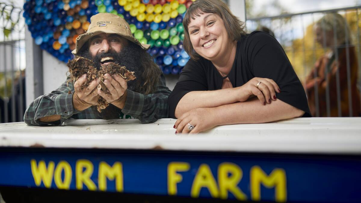 Gardening Australia composting hero Costa Georgiadis and Food is Free's Lou Ridsdale talk worms. Picture: Luka Kauzlaric