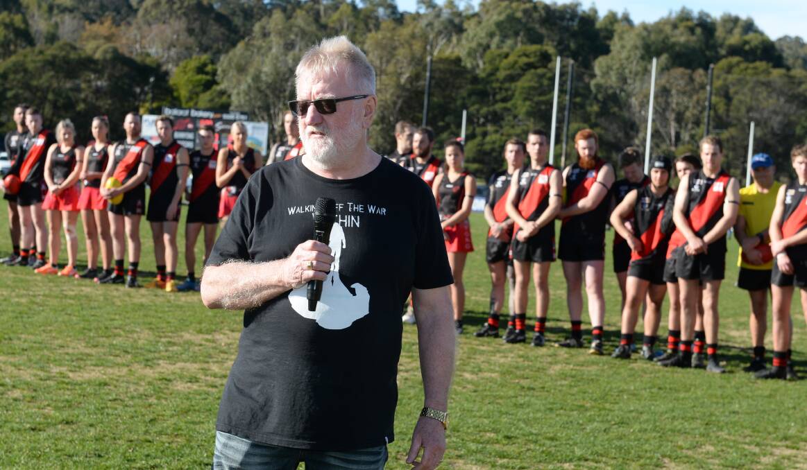 Walking Off the War Within's John Shanahan speaks to players, officials and the crowd before the 2019 Nathan Shanahan Cup at Buninyong. Picture by Kate Healy