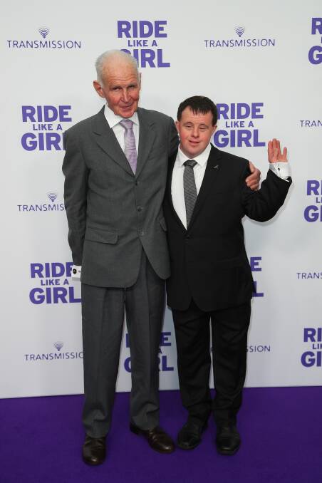 FAMILY SUPPORT: Dad Paddy Payne with Stevie Payne for the world premiere of Ride Like A Girl in Melbourne on Sunday. Picture: Getty Images