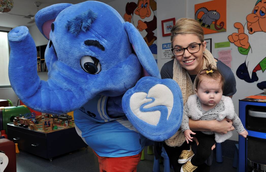 GETTING SET: Jess Lang and her six-month-old daughter Ava join forces with River's Gift mascot Hope to prepare for Run Ballarat and promoting SIDS research. Run Ballarat raises money for Ballarat Health Services Base Hospital children's ward redevelopment. Picture: Lachlan Bence