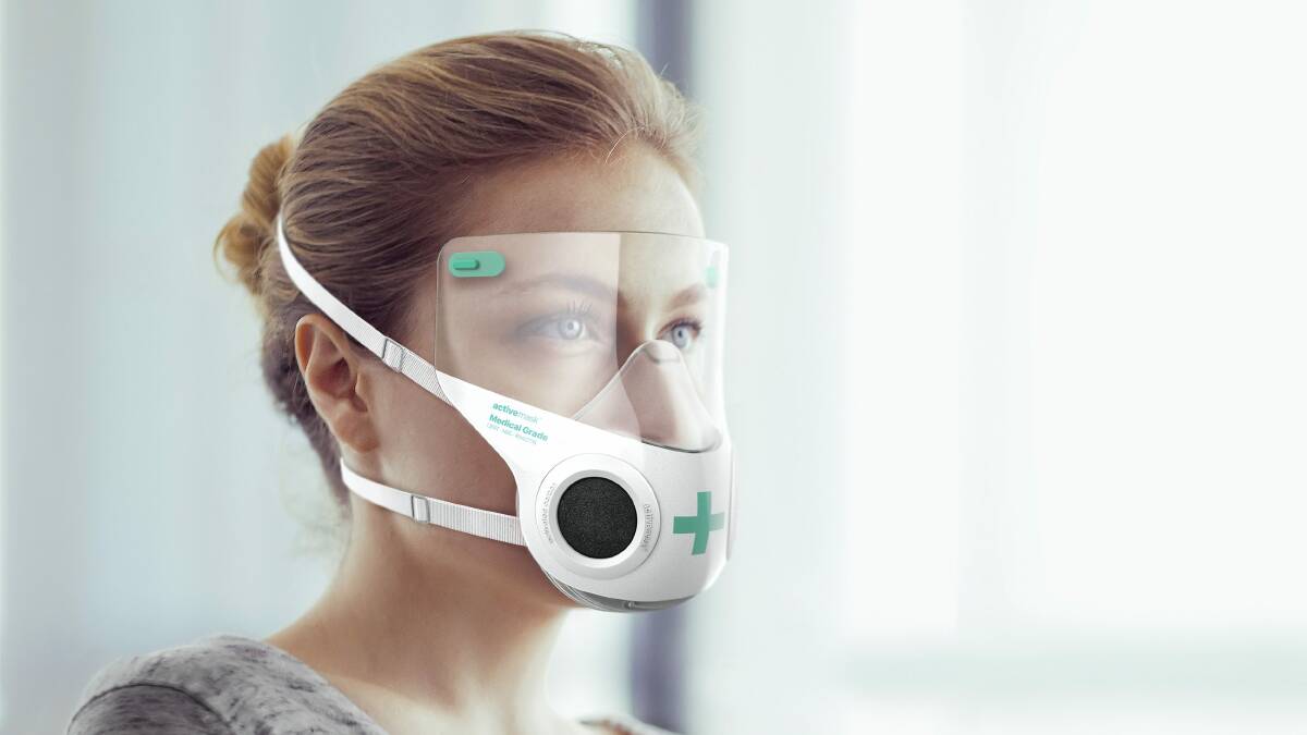 Designs for ActiveMask with face shield for use in places like meat industry and healthcare settings.