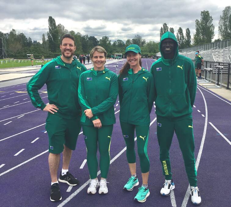 TEAM BALLARAT: Sports medicine physician Greg Harris, javelin thrower Kathryn Mitchell, race walker Kelly Ruddick and high jumper Yual Reath prepare for worlds in Seattle. Picture: courtesy of Ballarat Orthopaedics and Sports Medicine