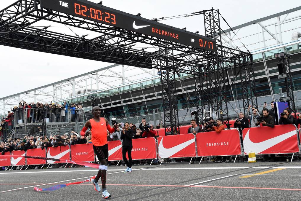 SO CLOSE: Kenyan Eliud Kipchoge one step from crossing the marathon finish, taking man one huge step closer to breaking the sub two-hour barrier for the 42.2-kilometre event. Picture: Getty Images