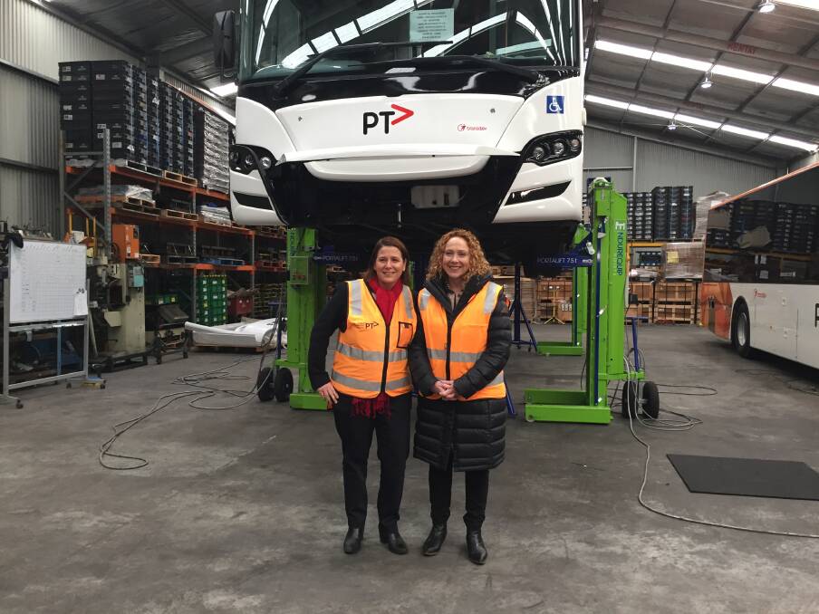 EMERGING: Wendouree MP Juliana Addison and Victorian Transport Minister Melissa Horne inspect buses being built in Ballarat for the metropolitan network. The contract is creating 20 new jobs for OzPress Industries in Ballarat.