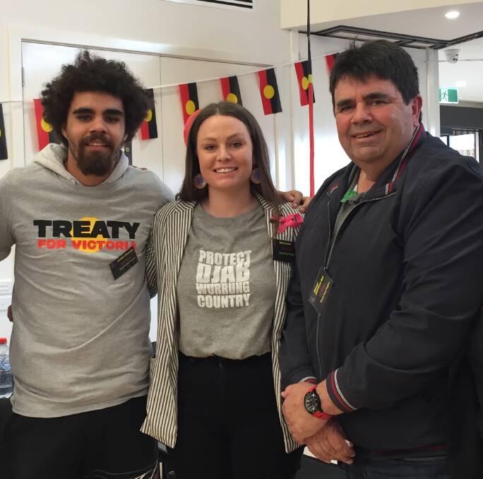 SPEAKING UP: Ballarat's Sissy Austin (centre) with fellow south-west elected representatives Jordan Edwards and Michael Bell for a First People's Assembly of Victoria forum in Ballarat, ahead of elections last year.