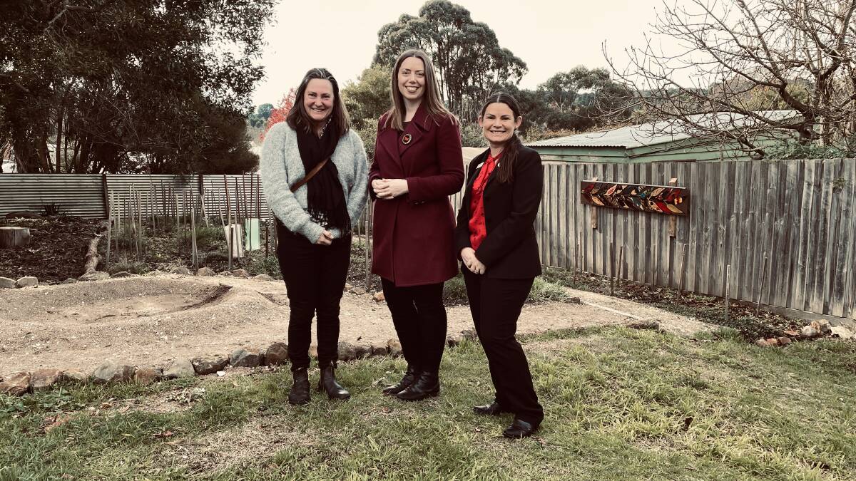 Transition Creswick's Katherine Lewisohn, Ripon MP Martha Haylett and Creswick Neighbourhood House's Chrissy Austin in the community's new Indigenous food and fibre garden. Picture by Melanie Whelan