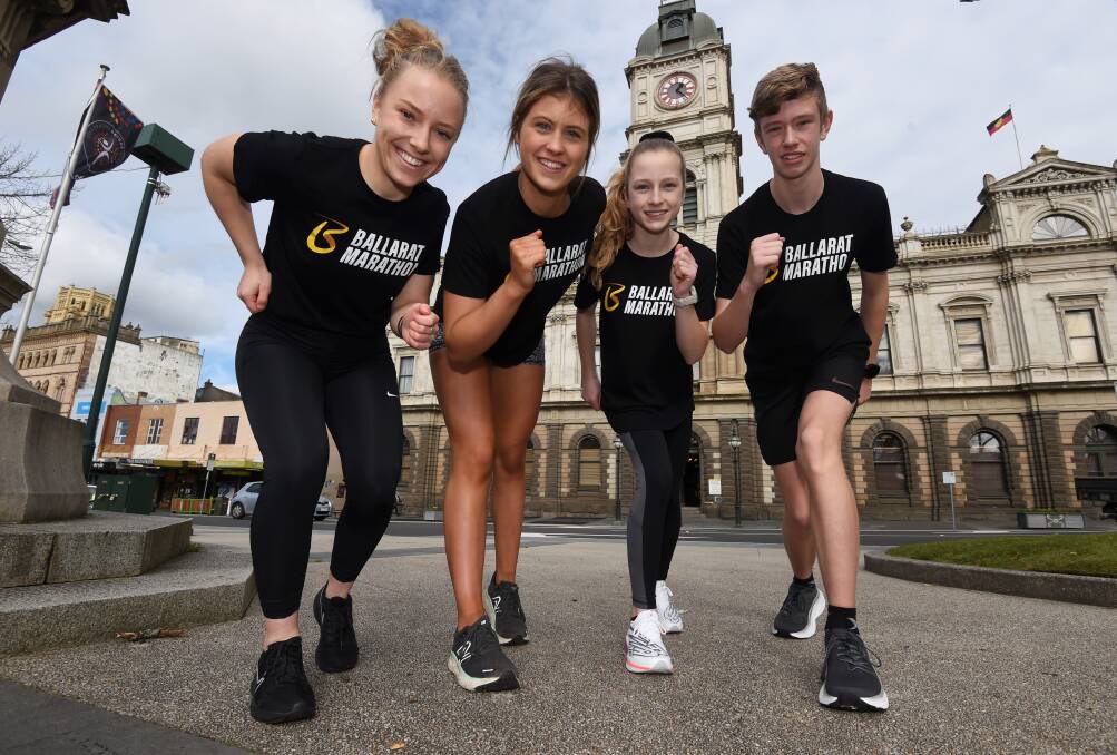 Emerging runners Ebony Howes, Charlotte Streat, Amali Torney and Cody Torney help launch Ballarat Marathon. Picture by Lachlan Bence