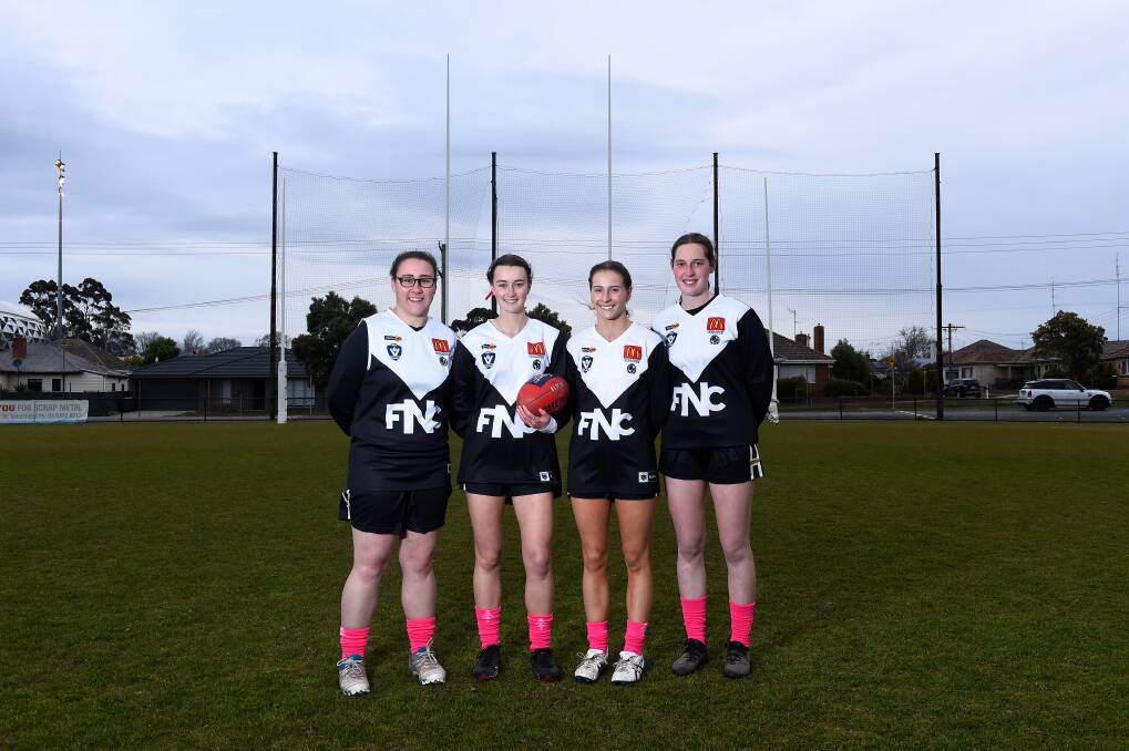 LEADERS: North Ballarat under-18 girls football co-captains Mollie Tigchelaar, Jess Norton, Charlotte Hill and Emma Jowett make a bold statement. Picture: Adam Trafford