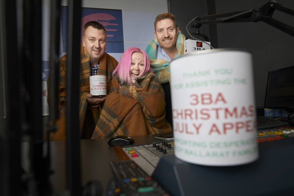 READY: Radio Ballarat general manager John Fitzgibbon with 3BA announcers Geordi Norton and Garrath Cockerell to launch the 3BA Christmas in July Appeal. Picture: Luka Kauzlaric