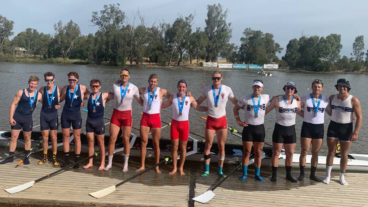DOWN TO SIZE: Ballarat City's teenage crew (left) takes out bronze after rattling bigger rivals gold medallist Mercantile and silver medallist Melbourne University in state championships on Nagambie.