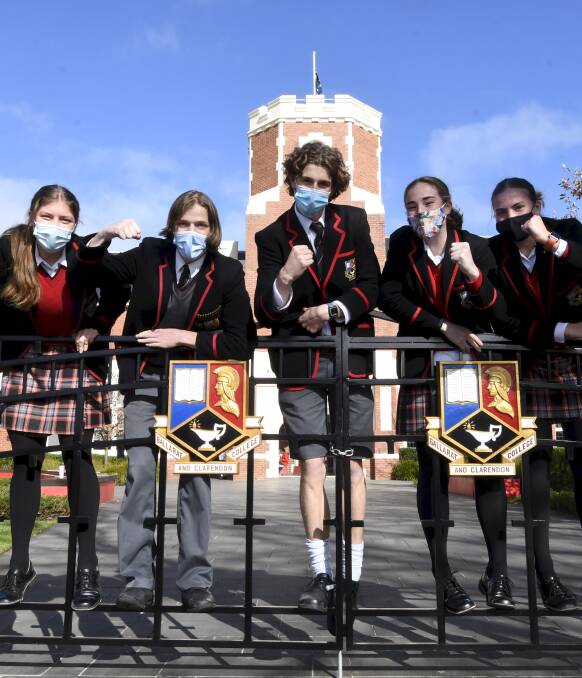 INSPIRE: Ballarat Clarendon College rowers Ruby Lovel, Hugo Fitzgerald, Jasper Nijhof, Ellie McClure and Paige Fraser are ready to cheer on Kat Werry. Picture: Lachlan Bence