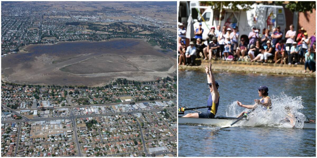 Lake Wendouree hits a dry patch in drought during 2006 and Head of the Lake action, boys' open glory, from last year.
