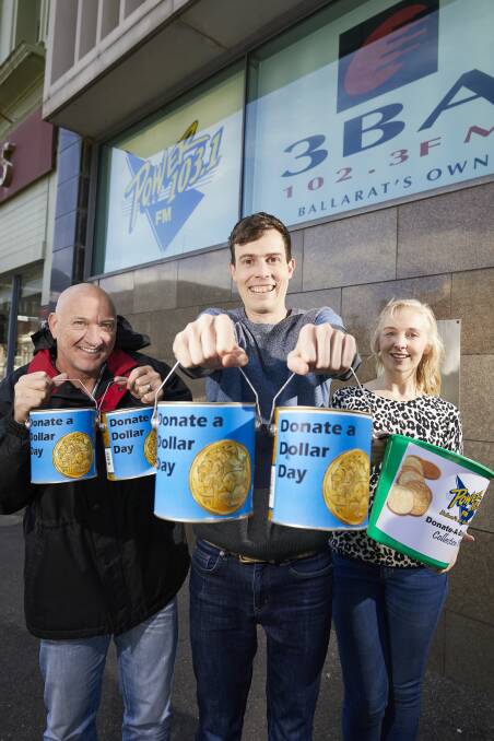COLLECTING: 3BA and PowerFM presenters Paul 'PT' Taylor, Kris Kroemer and Julia Zass are ready to rattle tins for Donate a Dollar Day. Picture: Luka Kauzlaric