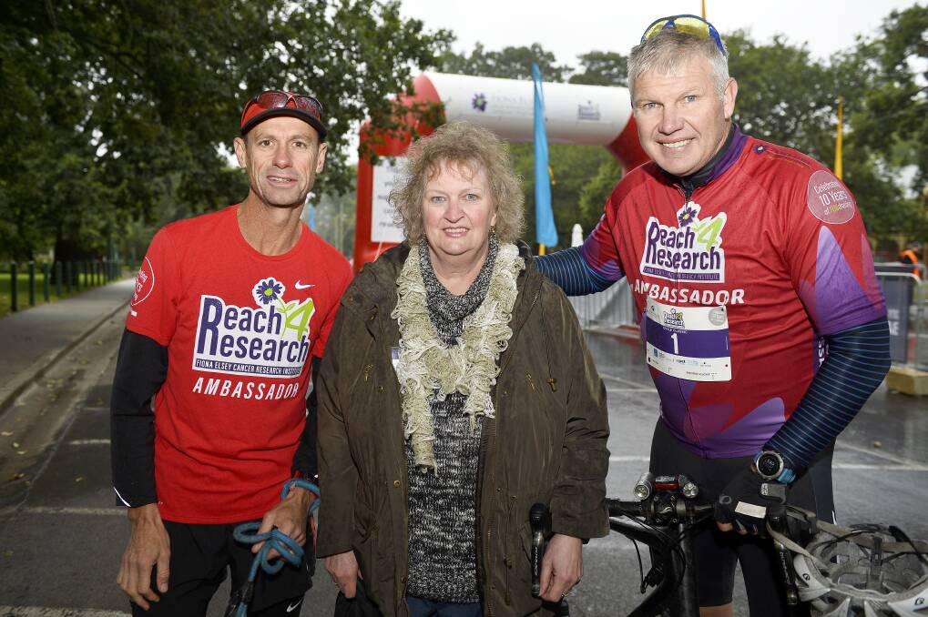 SUPPORT: Ballarat Cycle Classic ambassadors Steve Moneghetti and Danny Frawley with Gail Elsey, Fiona's mum and co-founder for the city's cancer research institute.