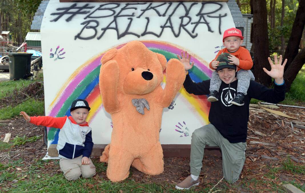 BRIGHT NOTE: Rainbows and teddy bears spread with kindness across Ballarat, in windows and on the footpath and up close, like for Enfield's Cooper, Tristan and Harvey Hodgkoss during lockdowns. Picture: Kate Healy