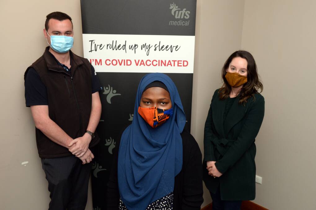 SET: Matt Green, Abidemi Aliyu and Morgan Forster have already had their first COVID-19 vaccine doses. Picture: Kate Healy