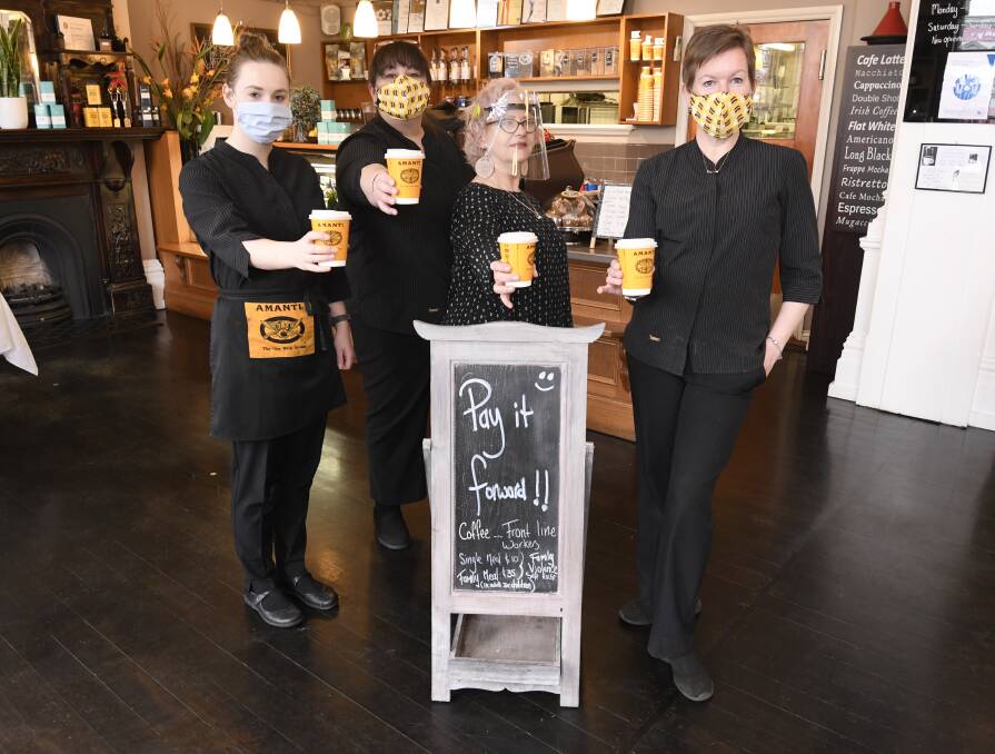 SUPPORT: The Turret's Emma Taylor, Margie Pirak, Carmel West and Lynsey Anderson say community positivity has been amazing in such a crisis. The Turret has made more than 1000 pay-it-foward coffees for Ballarat's healthcare workers during the pandemic. Picture: Lachlan Bence