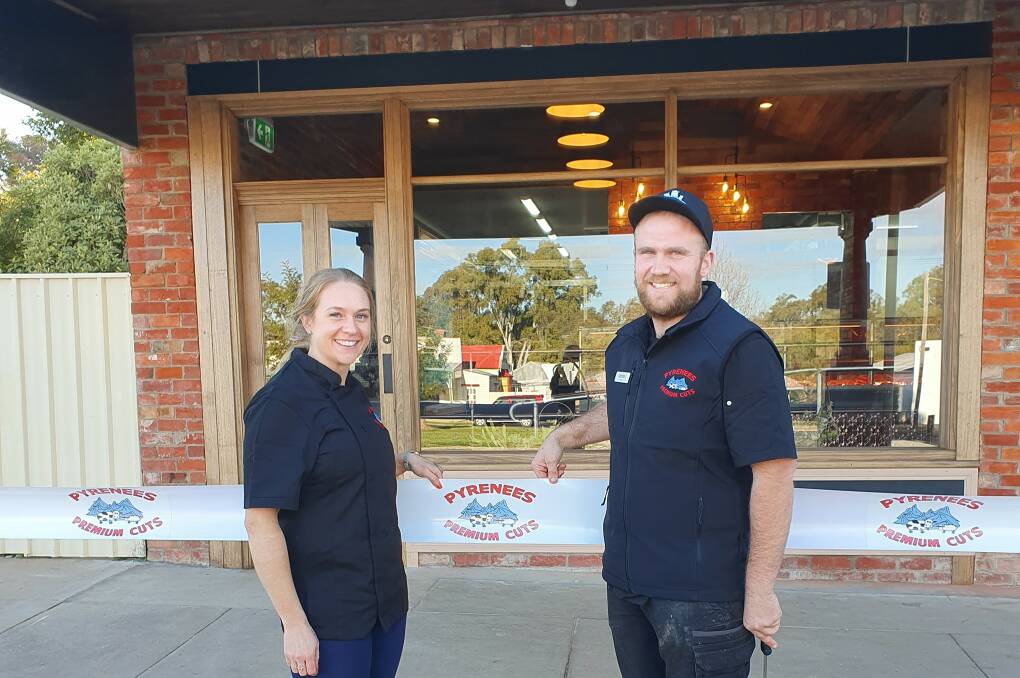 BIG RETURN: Hayley and James Collicoat re-open their Avoca butchery 12 months to the day the historic store burned down. Works have revealed more of the original shop features dating back 160 years. Picture: Pyrenees Premium Cuts