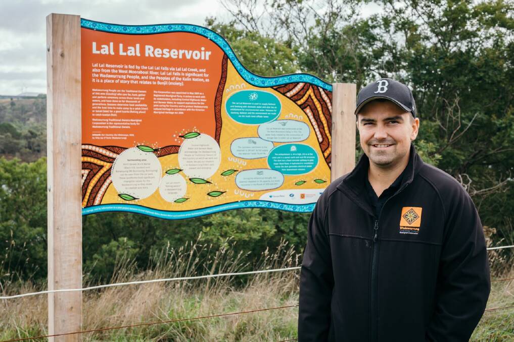UNDERSTANDING: Wadawurrung artist Billy-Jay O'Toole designed the sign, Our Country; Our Waterways which shares First Nations history and information about how Lal Lal Reservoir supports communities