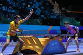 Australian prodigy Aditya Sareen in singles action at the world cup in Macao's Galaxy Arena, China, in April 2024. He will be vying for a ticket to Paris in Ballarat. Picture Getty Images