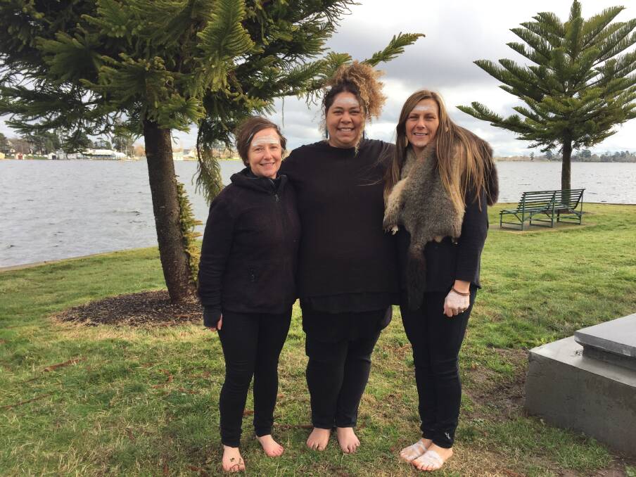 TOGETHER: City of Ballarat councillor Belinda Coates, Deb Clark who has Torres Strait Island heritage, Wadawurrung woman Tammy Gilson join in NAIDOC celebrations at Lake Wendouree on Monday
