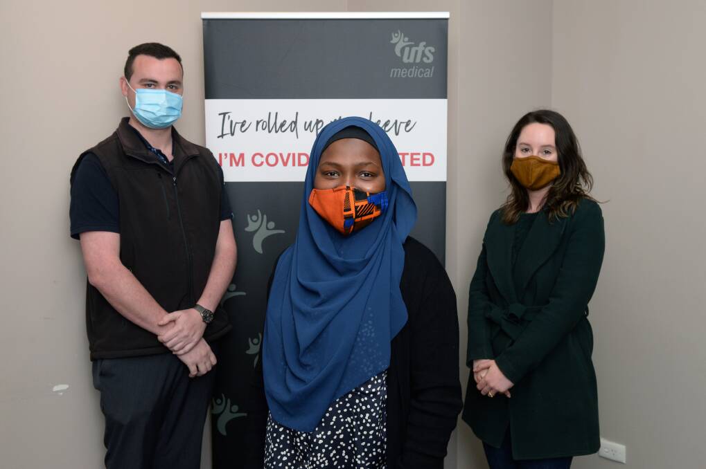 PACE-SETTERS: Young leaders Matt Green, Abidemi Aliyu and Morgan Forster, who were among the city's first under-40s to get a COVID-19 jab when AstraZeneca was opened up. Picture: Kate Healy
