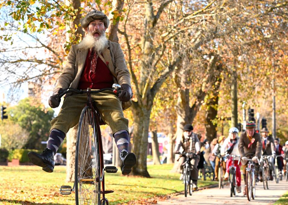 Festival-goer Ross West flies up Sturt Street on his penny-farthing in the annual tweed ride as part of Ballarat Heritage Festival on Saturday, May 18, 2024. Picture by Adam Trafford