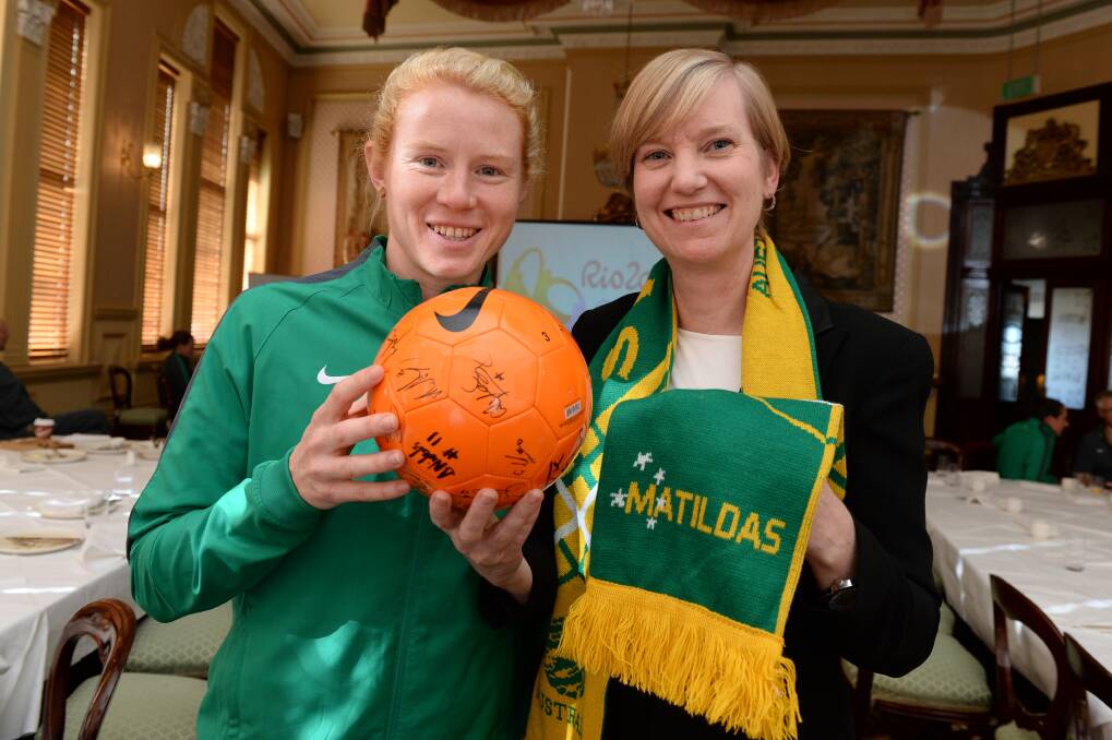 BIG PLAY: Matilda Clare Polkinghorne and then-Victorian Minister Fiona Richardson who said how we support women's sport can shift cultural attitudes. Picture: Kate Healy