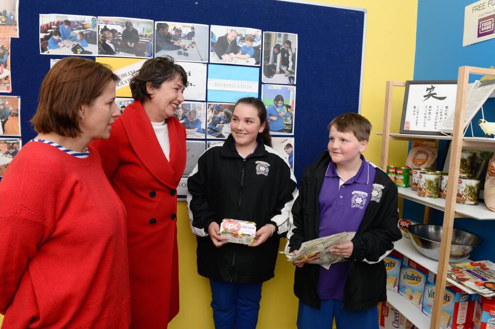 MEAL PLAN: Labor candidates Juliana Addison (Wendouree) and Michaela Settle (Buninyong) with Sebastopol grade six pupils Heather and Jack. Picture: Kate Healy