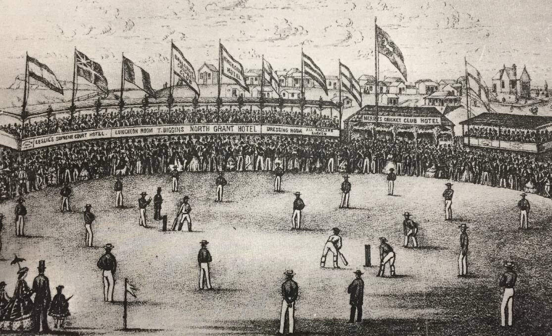FLASHBACK: A depiction of when the 22 of Ballarat met the 11 of All England at Eastern Oval in March 1862. Eastern Oval's rich, elite cricket history will continue this weekend. Picture: courtesy East Point Football Netball Club