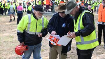 Volunteers Ron Threadgold, Eugene Hall, Kerry Toner prepare a search party with prospecting and mining experience in the Samantha Murphy search on February 24, 2024. Picture by Lachlan Bence