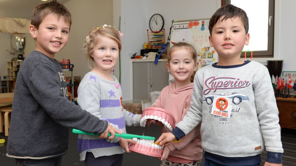 GRINNING: Midlands Kindergarten children Alby, Violet, Ivy and Elliot learn the right techniques for looking after their teeth. Picture: Kate Healy