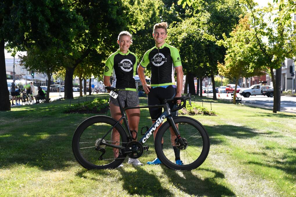 Ballarat Cycle Classic ambassadors Sophie Byrne and Nick White hope the nationals action might inspire a few more people to get on their bike in the homegrown fight against cancer. Picture by Adam Trafford 