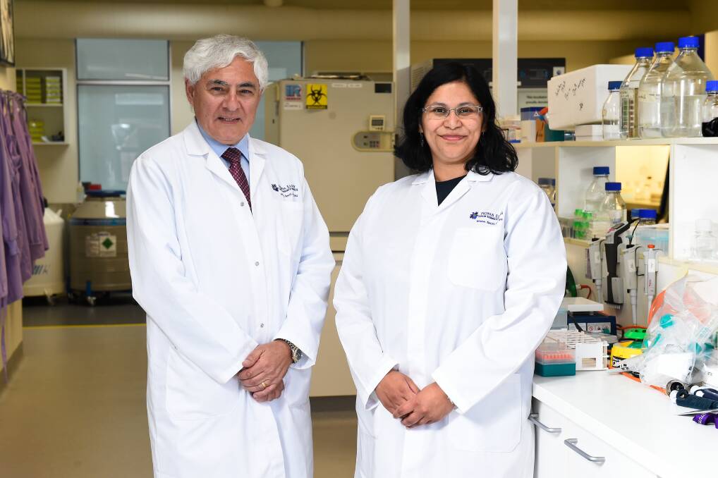 Professor George Kannourakis, Honorary Director Fiona Elsey Cancer Research Institute (FECRI) with Doctor Aparna Jayachandra, Senior Researcher
Picture by Adam Trafford