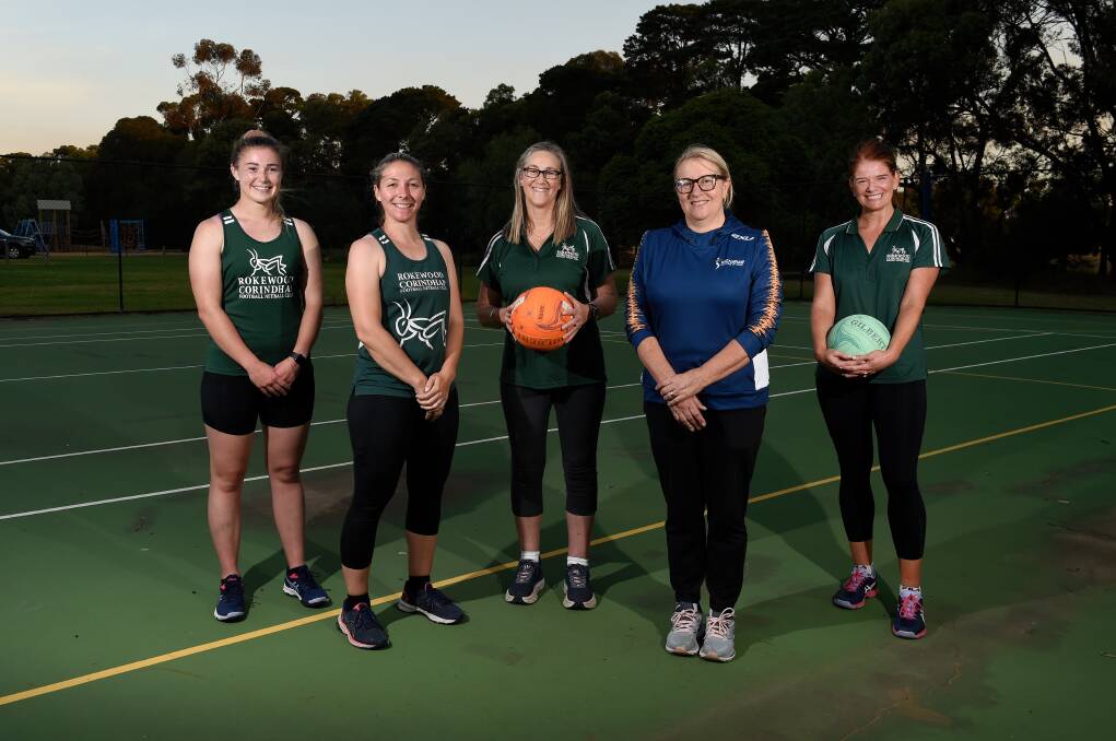 STRONG START: Rokewood-Corindhap netballers Kate OMeara, Sally Handford, coach Kerry Lightfoot and netball manager Adele Nairn with former Australian Diamonds coach Lisa Alexander for training. Picture: Adam Trafford