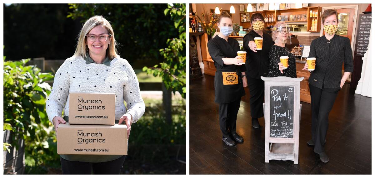 SUPPORT: Munash Organics director Bec Djordjevic (left) maintains a caring philosophy in business while Carmel West and The Turret Cafe team (right) keep up pay-it-forward coffees. Pictures: Adam Trafford, Lachlan Bence