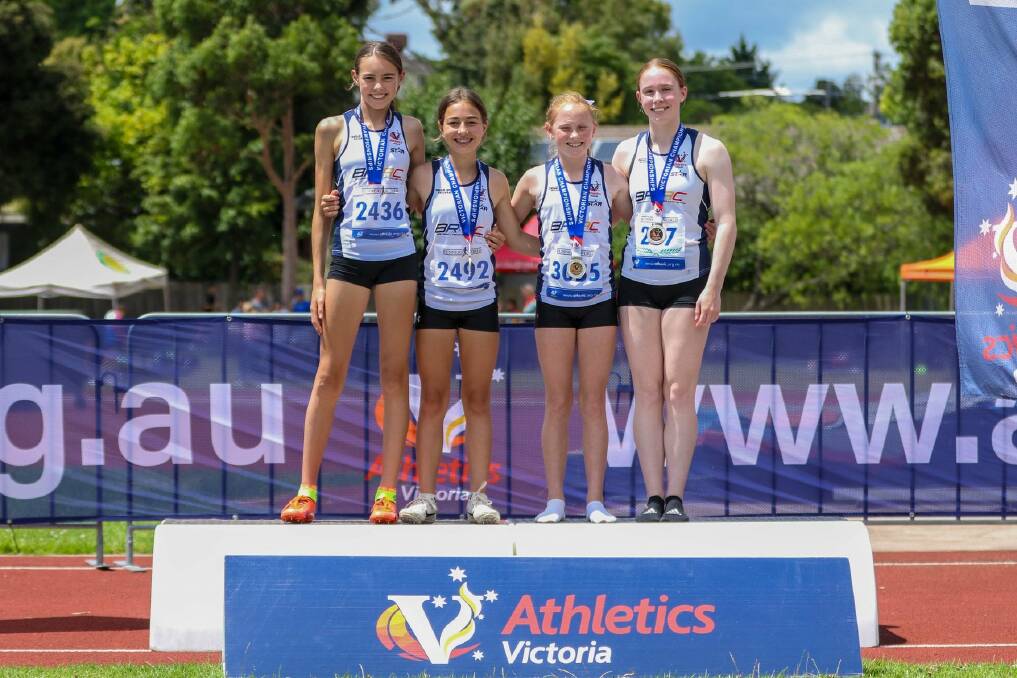 CELEBRATE: Ballarat's under-16 4x100m state champions Molly Fraser, Armani Anderson, Grace Crowe and Grace Kelly. 