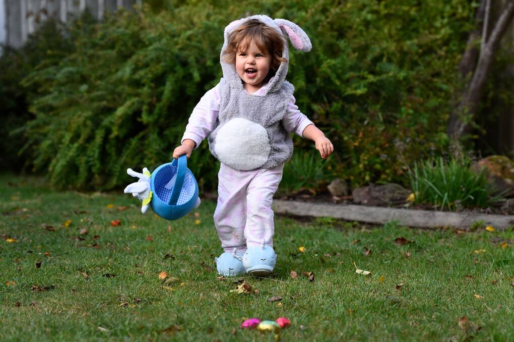 HAPPY: Ballarat two-year-old Elyse McGrath finds Easter Bunny has left some chocolate treats for her to enjoy in isolation. Picture: Adam Trafford