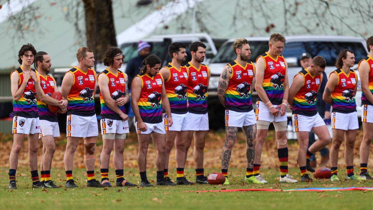Beaufort senior footballers stand together before a Central Highlands Football League pride match last season. Picture by Luke Hemer
