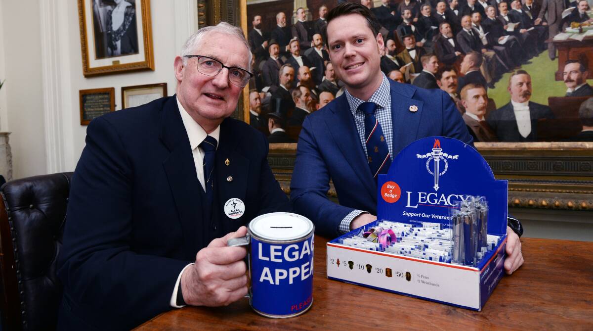 HONOUR: Ballarat Legacy president Allan McKinnon and Legacy Week ambassador Robert Powell launch the annual fundraising and awareness campaign at Ballarat Town Hall on Thursday. Picture: Kate Healy