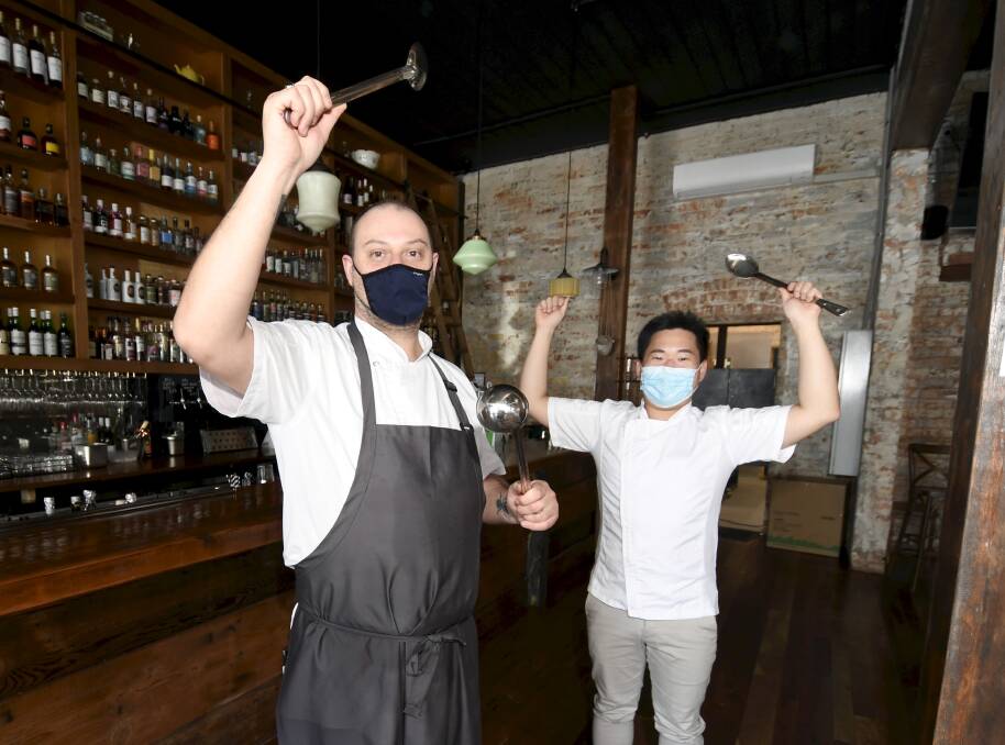 PLATING UP: Roy Hammond Scott Alsop and Inho Mun are excited to be teaming up with other Ballarat restaurants to create meals for people to enjoy at home in lockdown. Picture: Lachlan Bence