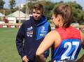 STEPPING UP: Ballarat's Tyler Somerville chats with Western Bulldogs AFLW premiership player Kirsty Lamb at Whitten Oval. Picture: Western Bulldogs Community Foundation.