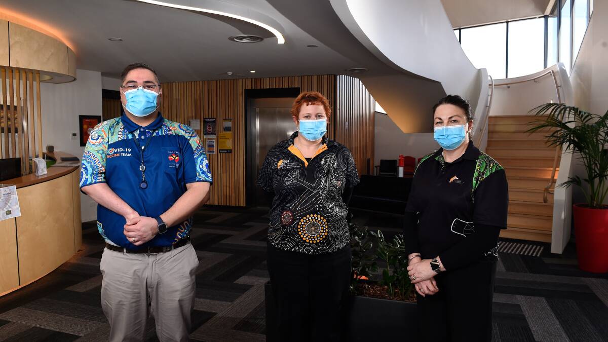 ON POINT: Ballarat and District Aboriginal Cooperative's medical practice manager Paul Kochskamper, doctor Bec Quake and nurse immuniser Lisa Timmins lead the COVID jab campaign. Picture: Adam Trafford 