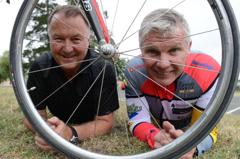 SUPPORT: Danny Frawley with brother-in-law Gavin James to promote Ballarat Cycle Classic in 2012. 