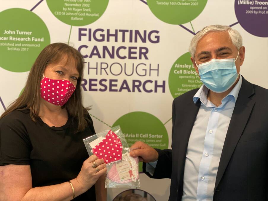 MASK MOVEMENT: Breast cancer survivor Joanie Rix was getting into sewing when her mask-making mission snowballed, helping to raise much-needed funds for cancer research in Ballarat. Picture: Fiona Elsey Cancer Research Institute
