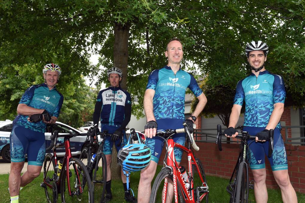 AWARE: Physiotherapist Michael Pierce (third from left) says he is careful who he chooses to ride with for best safety on the roads. His comeback team includes Paul Tabbitt, Shane Nankervis and Jarrod King. Picture: Kate Healy
