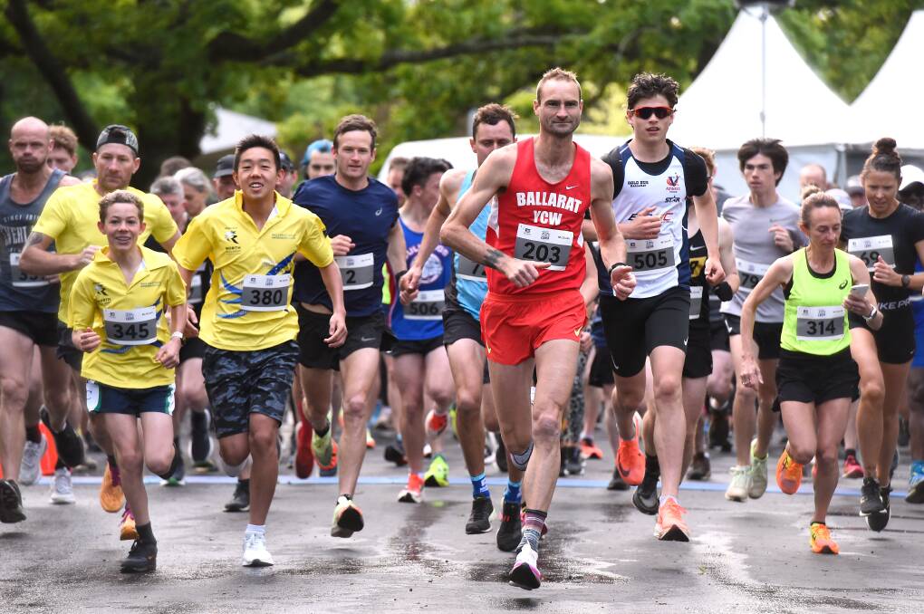 Ballarat YCW's Nic van Raaphorst leads out the 10-kilometre field in the 2022 Run For A Cause, supporting Ballarat Christmas Appeal. Picture by Adam Trafford