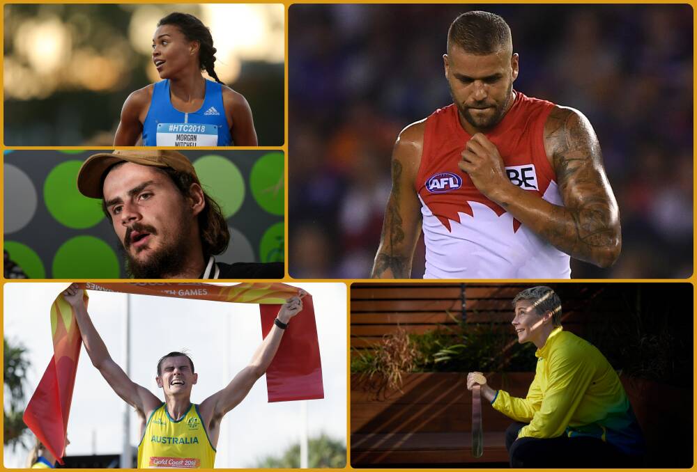 SPEAKING OUT: (clockwise from top left) runner Morgan Mitchell, AFL Swan Lance "Buddy" Franklin, javelin thrower Kathryn Mitchell, race walker Dane Bird-Smith and AFL Bulldog Tom Boyd. Pictures: The Courier, AAP, The Age